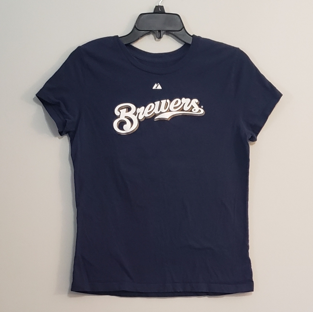Womens Majestic MLB Brewers Fielder 28 Tshirt Size L